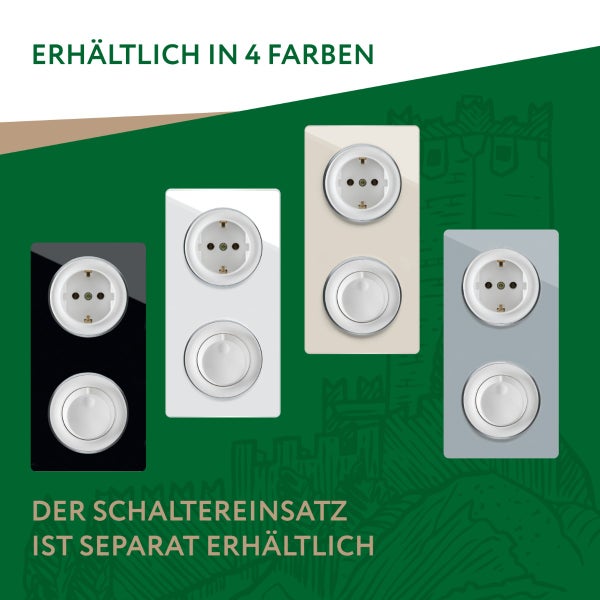 Vier verschiedene Schalterrahmen mit Steckdosen und Schaltern, Schaltereinsatz separat erhältlich.