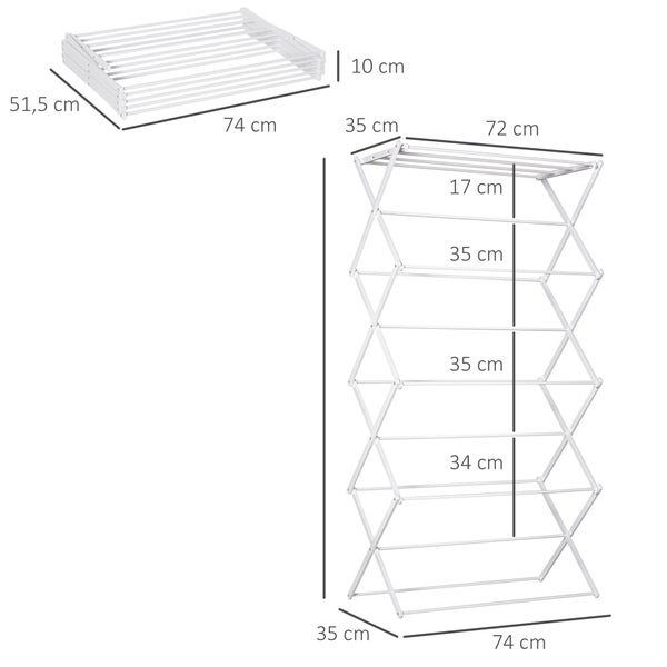 HOMCOM Wäscheständer, 74 x 35 x 144 cm, Metal, Kunststoff, Weiß