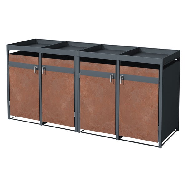 ML-Design Mülltonnenbox 4er mit Pflanzdach für 4 Tonnen, 240L 264x80x124 cm, Rost-Optik, Stahl, wetterfest, Abschließbare Mülltonnenverkleidung mit Tür, Müllbox Mülltonnecontainer Mülltonnenabdeckung