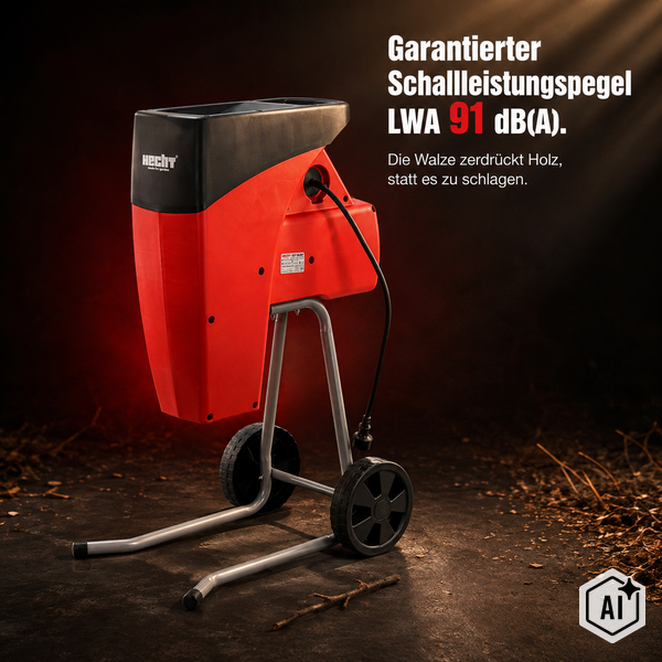 Hecht Gartenhäcksler mit Walzentechnik, 91 Dezibel Schallleistungspegel, elektrisch betrieben mit Metalluntergestell und Rädern.