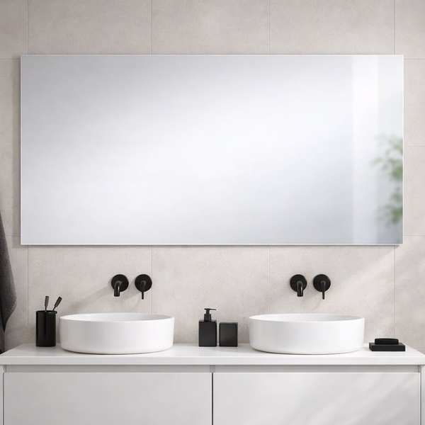 Moderner Badezimmerbereich mit großem, rahmenlosem Wandspiegel über zwei weißen Aufsatzwaschbecken und schwarzen Armaturen. Hell und geordnet.