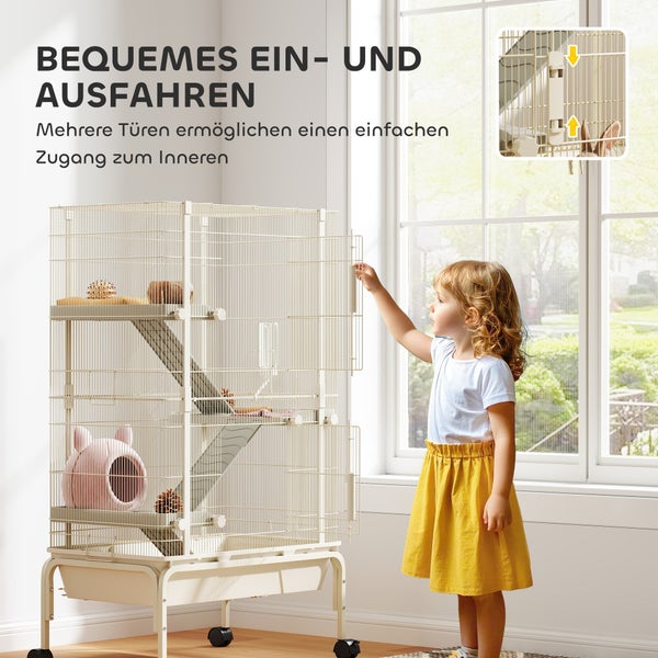 PawHut Kleintierkäfig, Nagerkäfig Frettchenkäfig mit 3 Rampen Mäusekäfig mit ausziehbarem Tablett, Futterschale, Wasserflasche, Käfig mit Zubehör für Chinchilla, Eichhörnchen, Zwerghamster Beige
