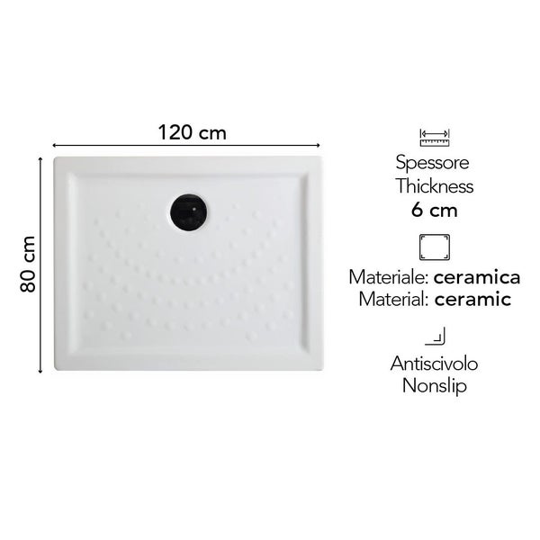 Duschwanne aus Keramik, 120 mal 80 Zentimeter, 6 Zentimeter dick, rutschfeste Oberfläche.