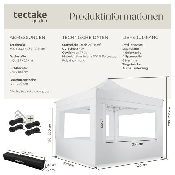 Pavillon tectake Olivia inklusive Spannseilen, Heringen und Tragetasche 3 x 3 m, mit Aluminiumgestell weiß