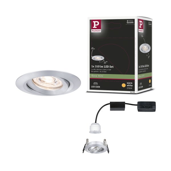 Paulmann LED Einbaustrahler Set Nova mini aus Aluminium, 310 Lumen, warmweiß, inklusive Verpackung und Zubehör.