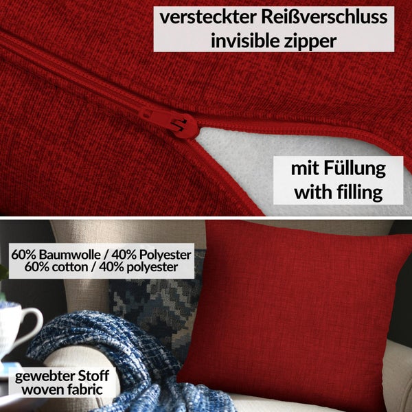 Kissenhülle Rot 60x60cm mit Füllung Leinenoptik