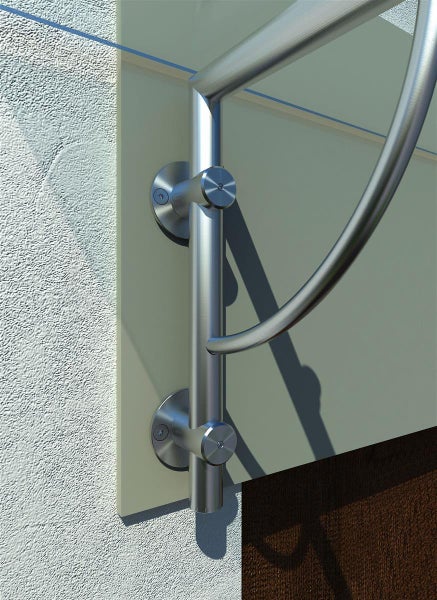 Detailaufnahme einer Türüberdachung mit Edelstahlkonstruktion und Glasplatte.