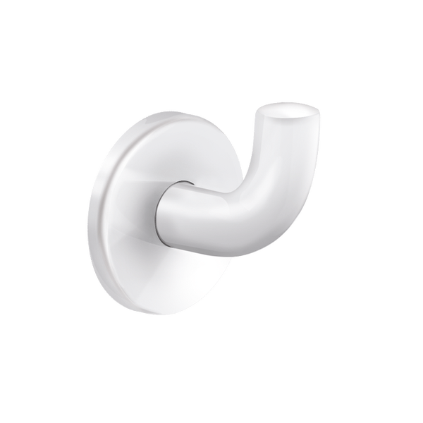 Weißer Wandhaken mit runder Rosette und glänzender Oberfläche.