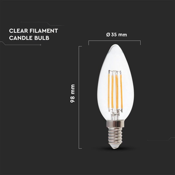 LED-Filament-Kerzenlampe in Klarglas mit Abmessungen: Höhe 98 Millimeter, Durchmesser 35 Millimeter.