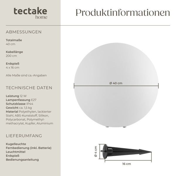 Produktinformationen für die tectake Kugelleuchte mit 40 Zentimeter Durchmesser, Erdspieß, Fernbedienung und technischen Daten wie IP44 und E27.