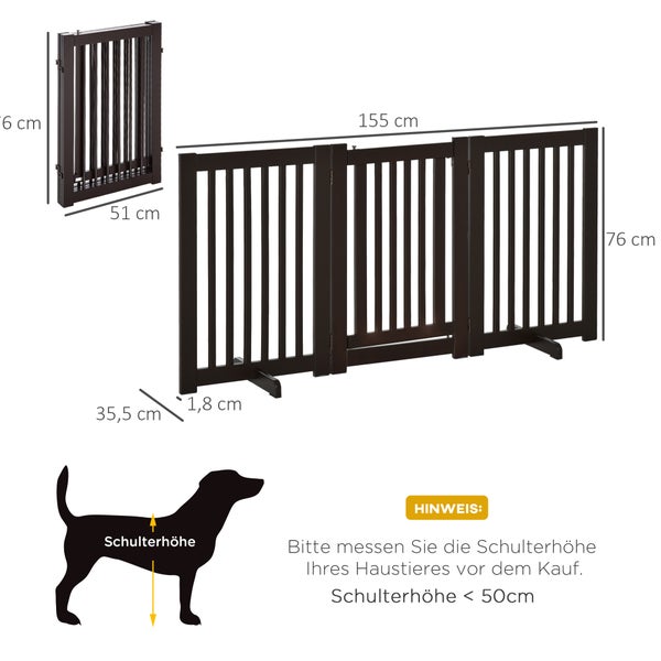 PawHut Absperrgitter Holz Freistehendes Schutzgitter für Hunde Türschutzgitter Verstellbares Hundegitter Treppengitter mit Füßen klappbares Kamingitter für Ofen Dunkelbraun 155 x 1,5 x 76 cm