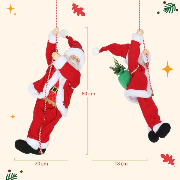 Kletternder Weihnachtsmann an einem Seil, Höhe 60 Zentimeter, Breite 20 Zentimeter und 18 Zentimeter.