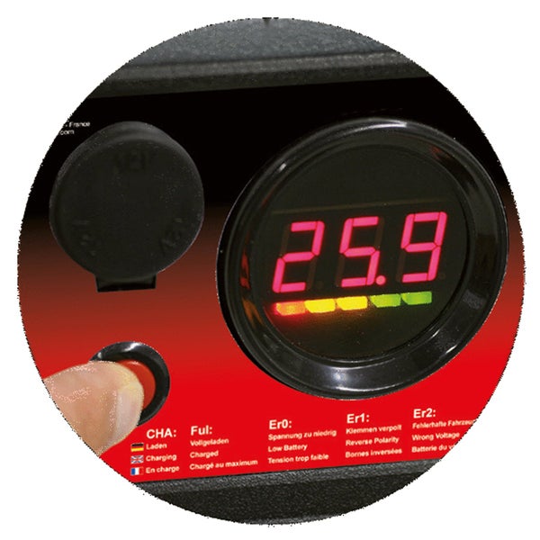 Batterieladegerät mit Digitalanzeige und verschiedenen Anzeigen wie Ladezustand, niedriger Batteriespannung und falscher Polarität