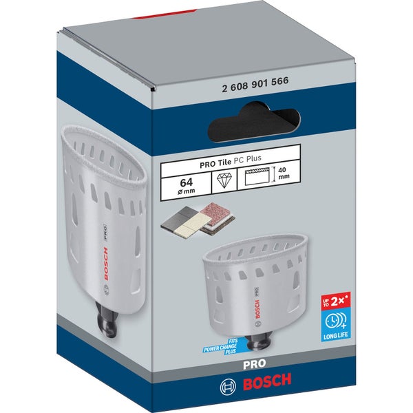 Bosch Pro Fliesenlochsaege PC Plus Verpackung mit 64 Millimeter Durchmesser und 40 Millimeter Laenge