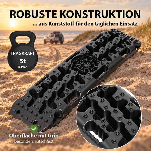 Bergeboard aus Kunststoff für Fahrzeuge mit strukturierter Oberfläche für bessere Haftung und einer Tragkraft von 5 Tonnen pro Paar.