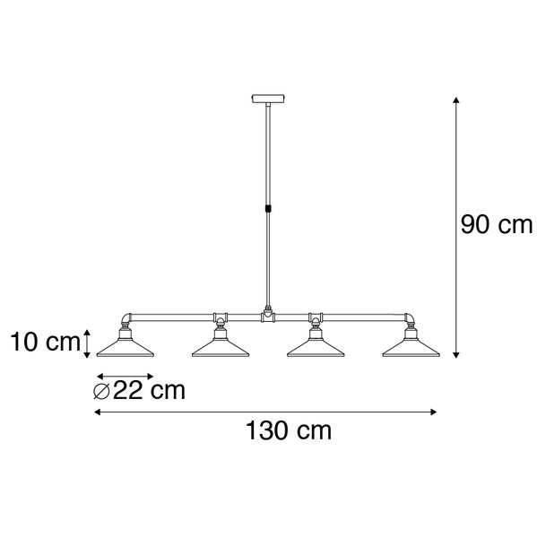 Technische Zeichnung einer Pendelleuchte mit vier Lampenschirmen und Maßangaben.