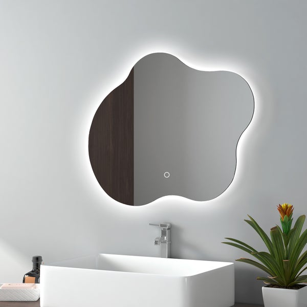 EMKE LED-Badspiegel, Rahmenloser Spiegel mit Beleuchtung,  Asymmetrischer LED Badspiegel mit Anti-Beschlag, 60 x 50 cm, Kaltweißes/Neutrales/Warmweißes Licht