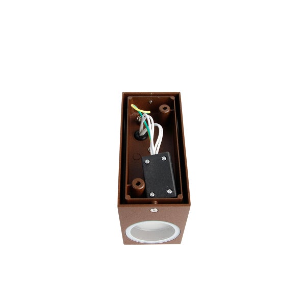 Rückansicht einer braunen rechteckigen Außenwandleuchte mit sichtbarer Verkabelung und Anschlussdose im Gehäuse.