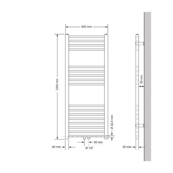 ECD Germany Badheizkörper - 500 x 1200 mm - Chrom - gerade mit Mittelanschluss - Heizkörper Handtuchwärmer Handtuchtrockner