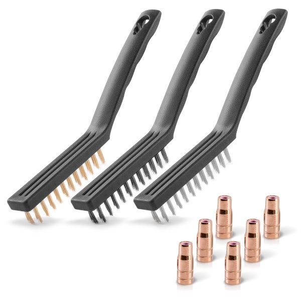 Set aus drei Drahtbürsten mit Kunststoffgriffen und unterschiedlichen Borsten sowie sechs Schweißdüsen aus Kupfer.