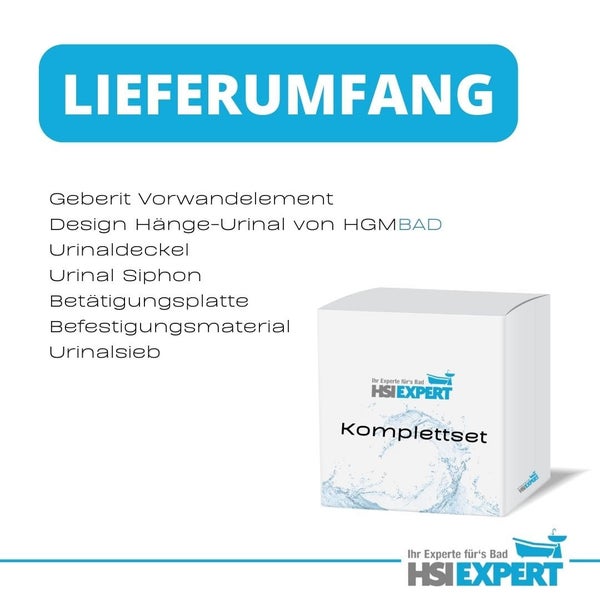Lieferumfang: Geberit Vorwandelement, Design Hänge-Urinal von HGMBAD, Urinaldeckel, Urinal Siphon, Betätigungsplatte, Befestigungsmaterial, Urinalsieb, Komplettset