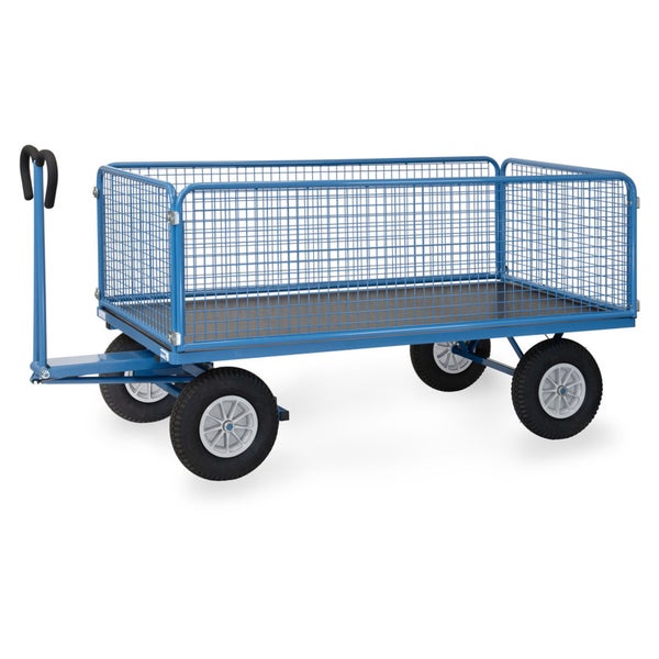Blauer Transportwagen mit Gitteraufbau und vier Rädern.