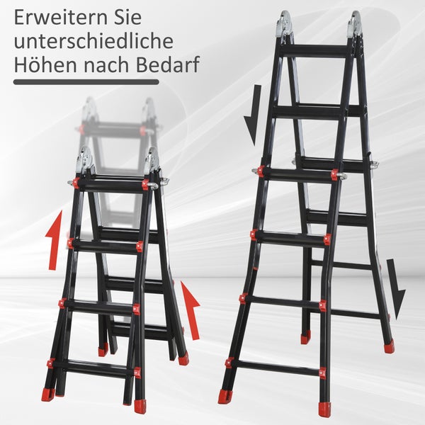 Illustration einer flexiblen Mehrzweckleiter, die sich an verschiedene Höhen anpassen lässt