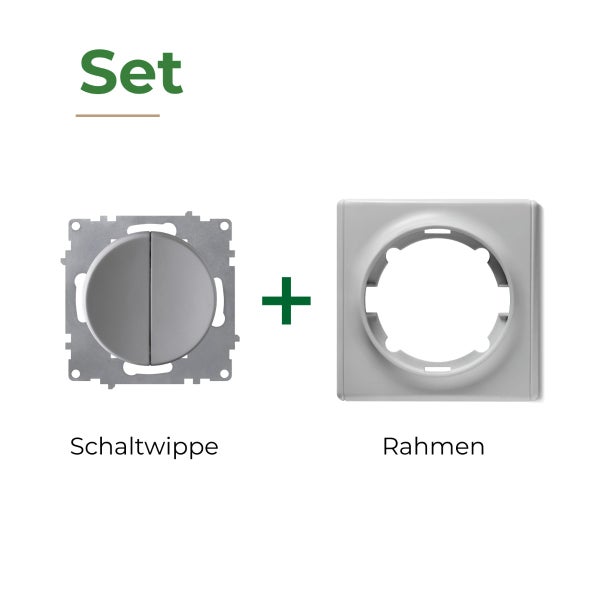 Ein Set bestehend aus einer Schaltwippe und einem Rahmen für einen Lichtschalter.
