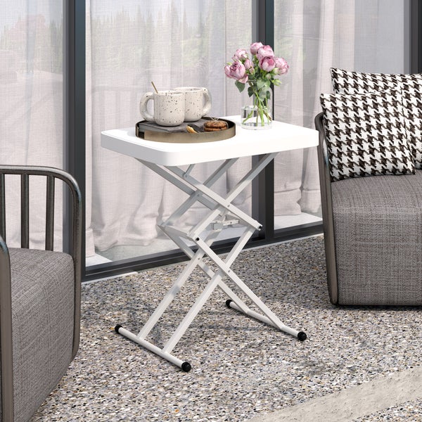 Outsunny Beistelltisch Garten höhenverstellbar Gartentisch, klappbar Balkontisch aus Kunststoff, rechteckig Kaffeetisch 50kg belastbar, 65x45x70H cm Sofatisch für Outdoor Indoor Balkon Terrasse Weiß