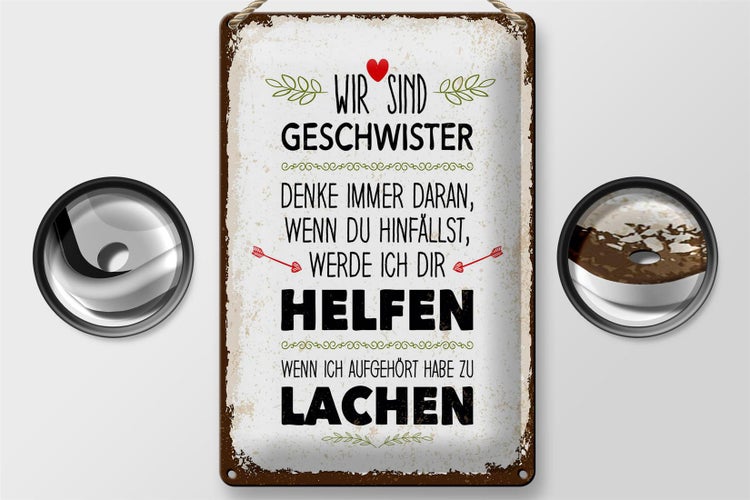 Blechschild Spruch Geschwister wir lachen helfen 20x30cm