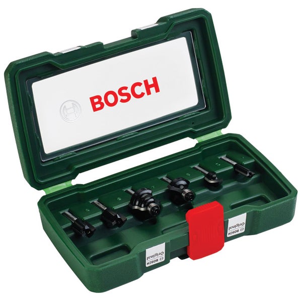 Bosch Logo. Geöffneter grüner Koffer mit verschiedenen Fräsern.