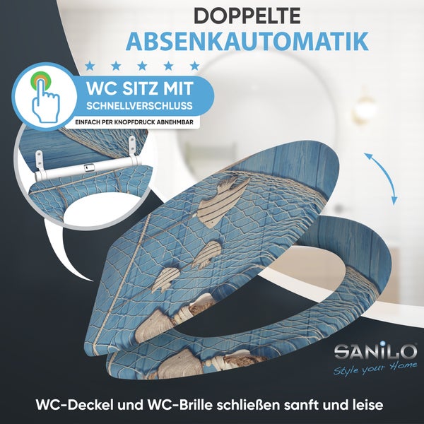 Sanilo WC Sitz mit Absenkautomatik und Schnellverschluss mit maritimem Design und Fischernetz Motiv