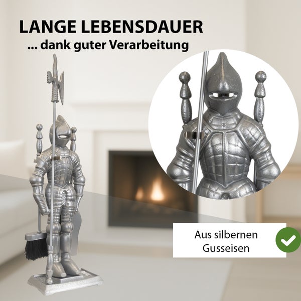 Kamingarnitur aus Gusseisen in Form eines Ritters mit Kaminbesteck