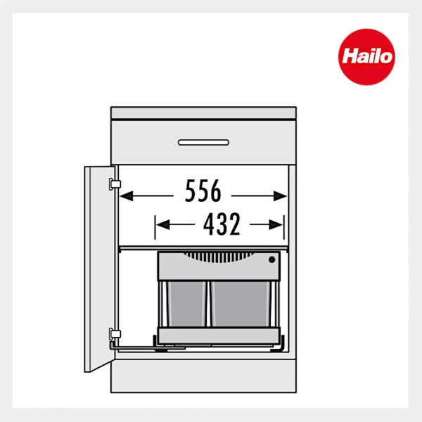 Hailo Logo. Maßzeichnung eines Abfallsystems im Küchenunterschrank mit den Maßen 556 und 432 Millimeter.