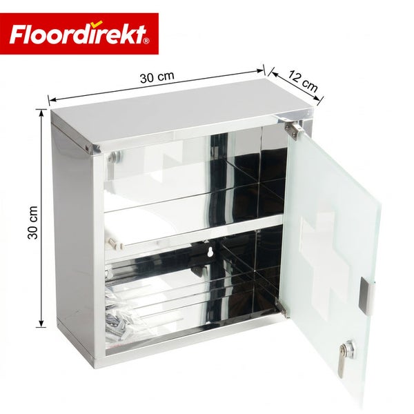 Floordirekt Logo, Medizinschrank aus Edelstahl mit Glastür, zwei Fächer, abschließbar, Maße 30 mal 30 mal 12 Zentimeter.