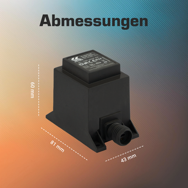 Abmessungen des Transformators: Höhe 60 Millimeter, Länge 81 Millimeter und Breite 43 Millimeter.