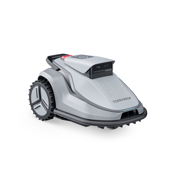 Terramow V1000 Mähroboter mit Sensorsystem und Profilreifen.