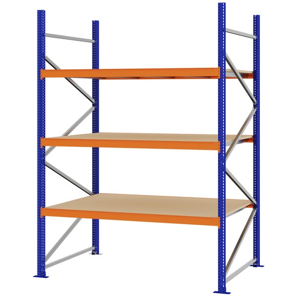 Weitspannregal mit drei Holzböden und stabilem Metallrahmen für Keller, Werkstatt und Lager.