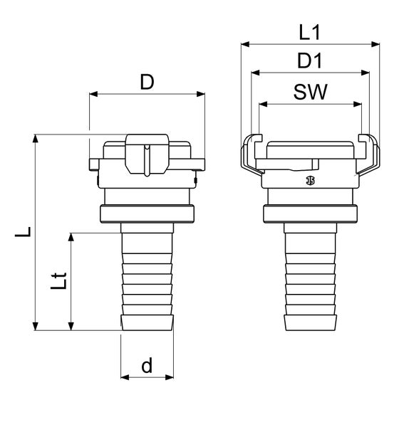 Technische Zeichnung einer Schlauchkupplung mit Schlauchtülle und Maßangaben für Länge und Durchmesser.