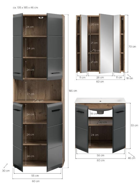 Badmöbel-Set bestehend aus Hochschrank, Spiegelschrank und Waschbeckenunterschrank aus Holzdekor und Grau mit Maßangaben in Zentimeter.
