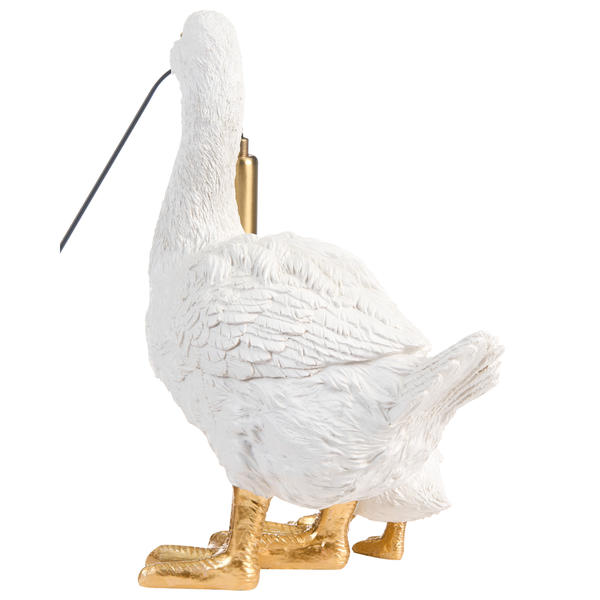 Tischleuchte in Form einer weißen Gans mit goldenen Füßen und goldener Fassung