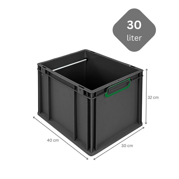 Graue 30 Liter Lagerbox mit den Maßen 40 x 30 x 32 Zentimeter.