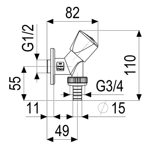 Technische Zeichnung eines Geräteventils mit G 1/2 Anschluss, G 3/4 Abgang und Maßen: 110 Millimeter Höhe und 82 Millimeter Ausladung.