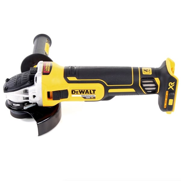 DeWalt Akku-Winkelschleifer mit bürstenlosem Motor, Zusatzhandgriff und Schutzhaube.