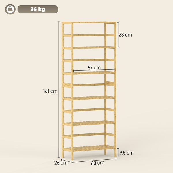 Bambusregal mit acht Ebenen und Maßangaben: Höhe 161 Zentimeter, Breite 60 Zentimeter, Tiefe 26 Zentimeter. Belastbarkeit 36 Kilogramm.