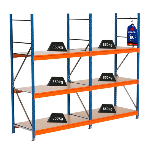Lagerregal mit drei Ebenen und einer maximalen Traglast von 850 Kilogramm pro Ebene, Hergestellt in der EU Siegel
