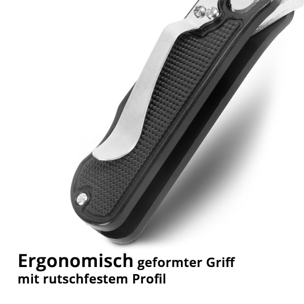 Ergonomisch geformter Messergriff mit rutschfestem Profil und Taschenclip aus Metall.