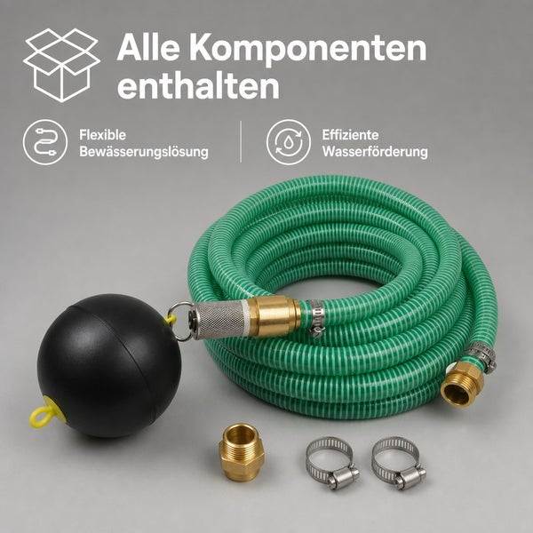 Set mit Saugschlauch, Schwimmkugel, Messinganschluss und Schlauchschellen zur effizienten Wasserförderung und flexiblen Bewässerungslösung.