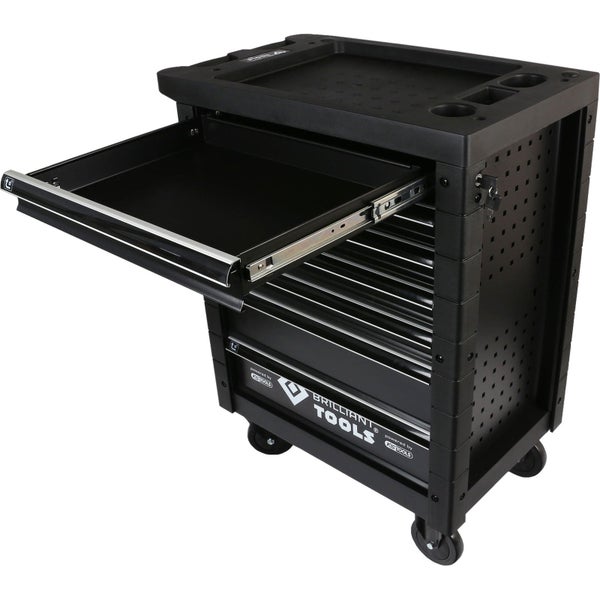Schwarzer Werkstattwagen von Brilliant Tools mit mehreren Schubladen, einer geöffneten Schublade, Arbeitsfläche und Rollen.