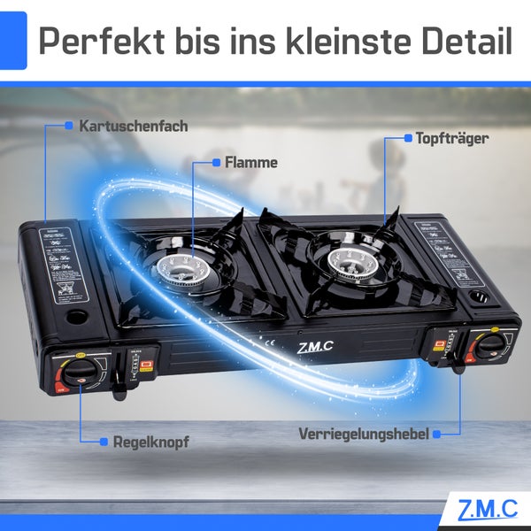 ZMC Camping Gaskocher 2-flammig mit 8x Gaskartuschen 227g und Grillplatte, 2,5 KW inkl. Adapter für LPG Anschluss + Aufbewahrungskoffer Campingkocher Set mit Piezozündung, für Outdoor und Innenraum